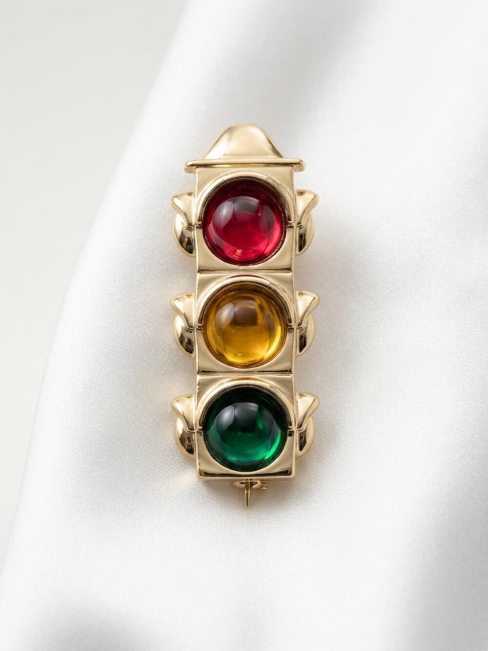 Vintage Gold Tone Novelty Traffic Light Brooch - Red Yellow Green Cabochon - Picture 8 of 8